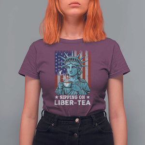 Funny 4th Of July T Shirt For Women Sippin On Liber Tea Liberty USA Flag TS11 Maroon Print Your Wear