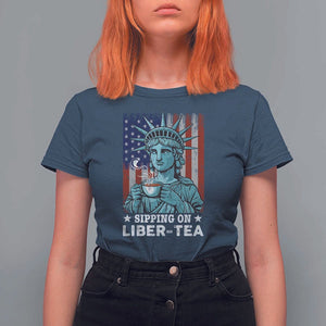 Funny 4th Of July T Shirt For Women Sippin On Liber Tea Liberty USA Flag TS11 Navy Print Your Wear