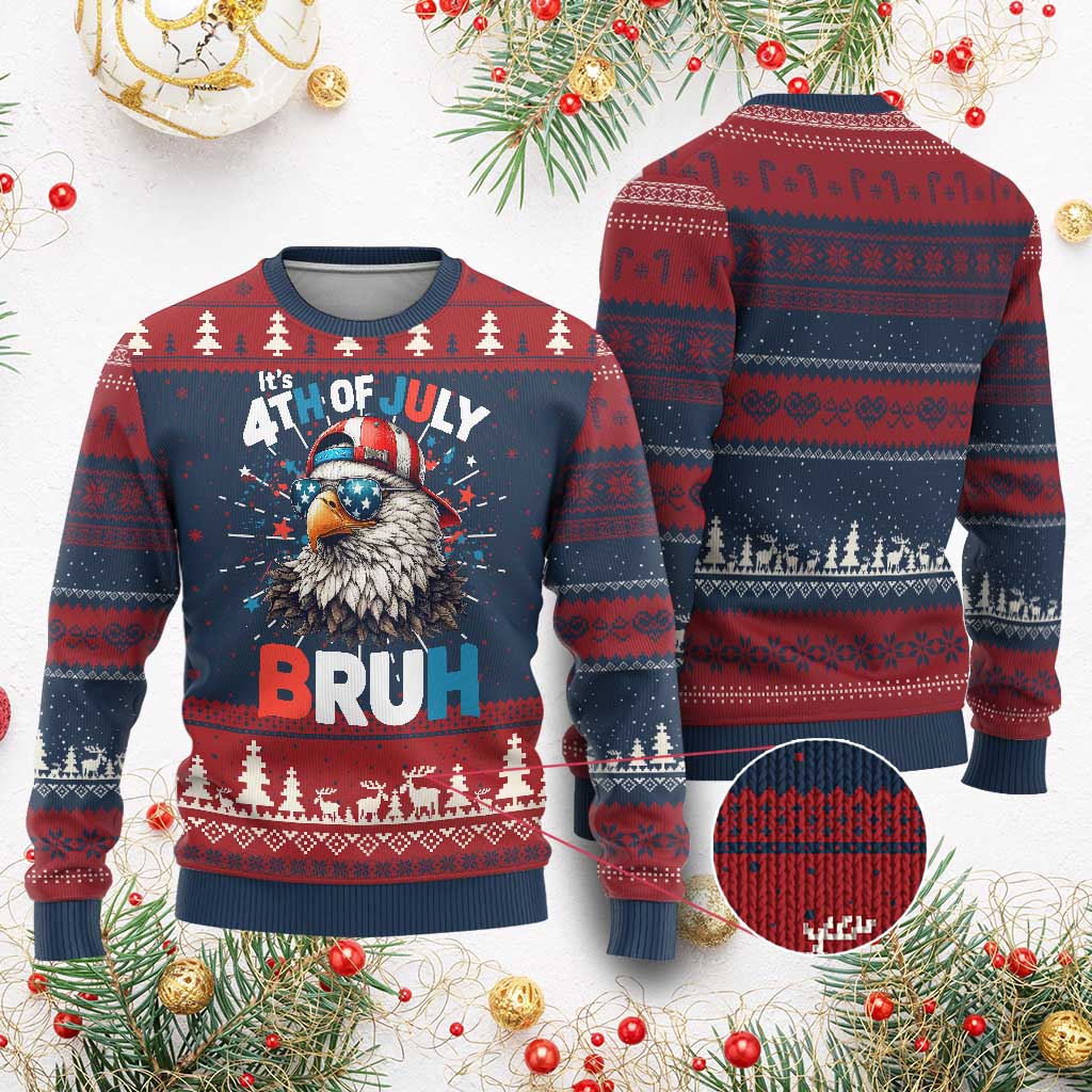 Funny Eagle It's 4th Of July Bruh Knit Sweatshirt Patriotic Bald Eagle American Flag TS11 Burgundy Print Your Wear
