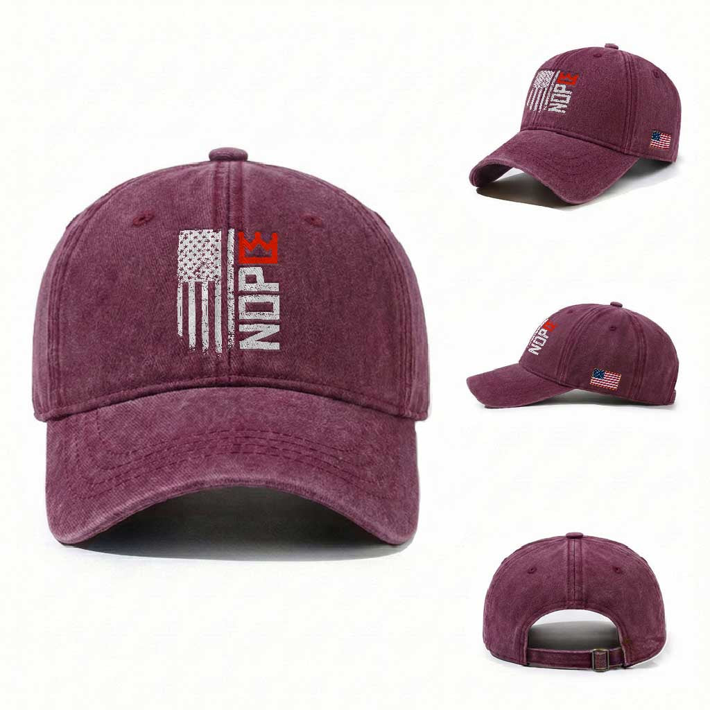 Funny Nope No Kings Vintage American Flag Washed Cotton Baseball Cap TS11 Washed Cap Universal Fit Burgundy Print Your Wear