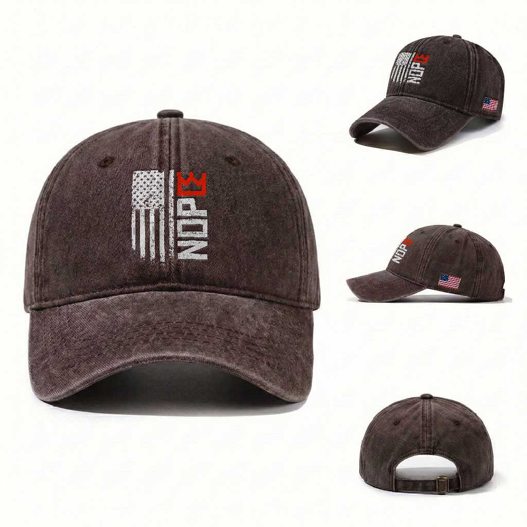 Funny Nope No Kings Vintage American Flag Washed Cotton Baseball Cap TS11 Washed Cap Universal Fit Dark Brown Print Your Wear