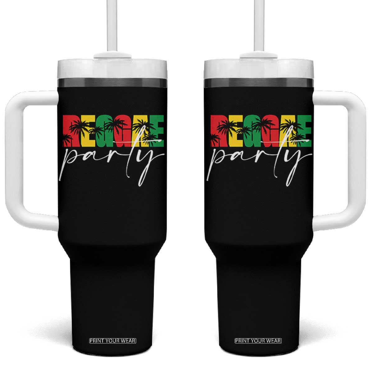Reggae Party Tumbler With Handle Rastafari Jamaican Palm Tree Music TS11 One Size: 40 oz Black Print Your Wear