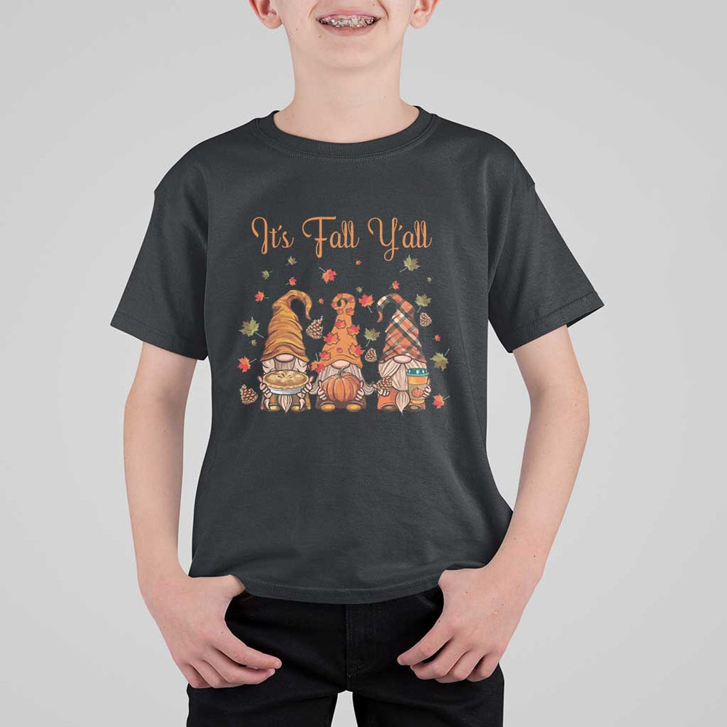 Autumn Season T Shirt For Kid It's Fall Y'all Gnomies Thanksgiving Maple Leaf TS11 Black Print Your Wear