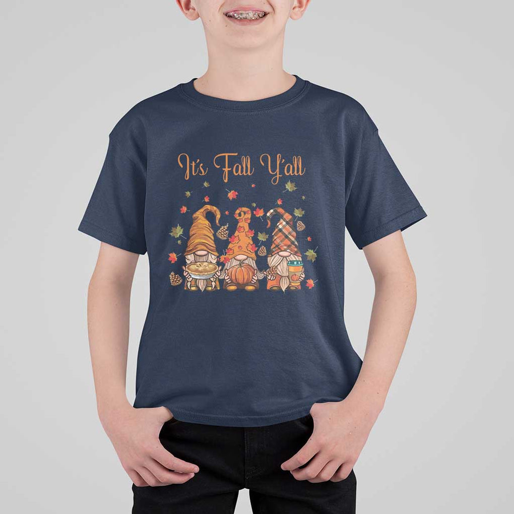 Autumn Season T Shirt For Kid It's Fall Y'all Gnomies Thanksgiving Maple Leaf TS11 Navy Print Your Wear