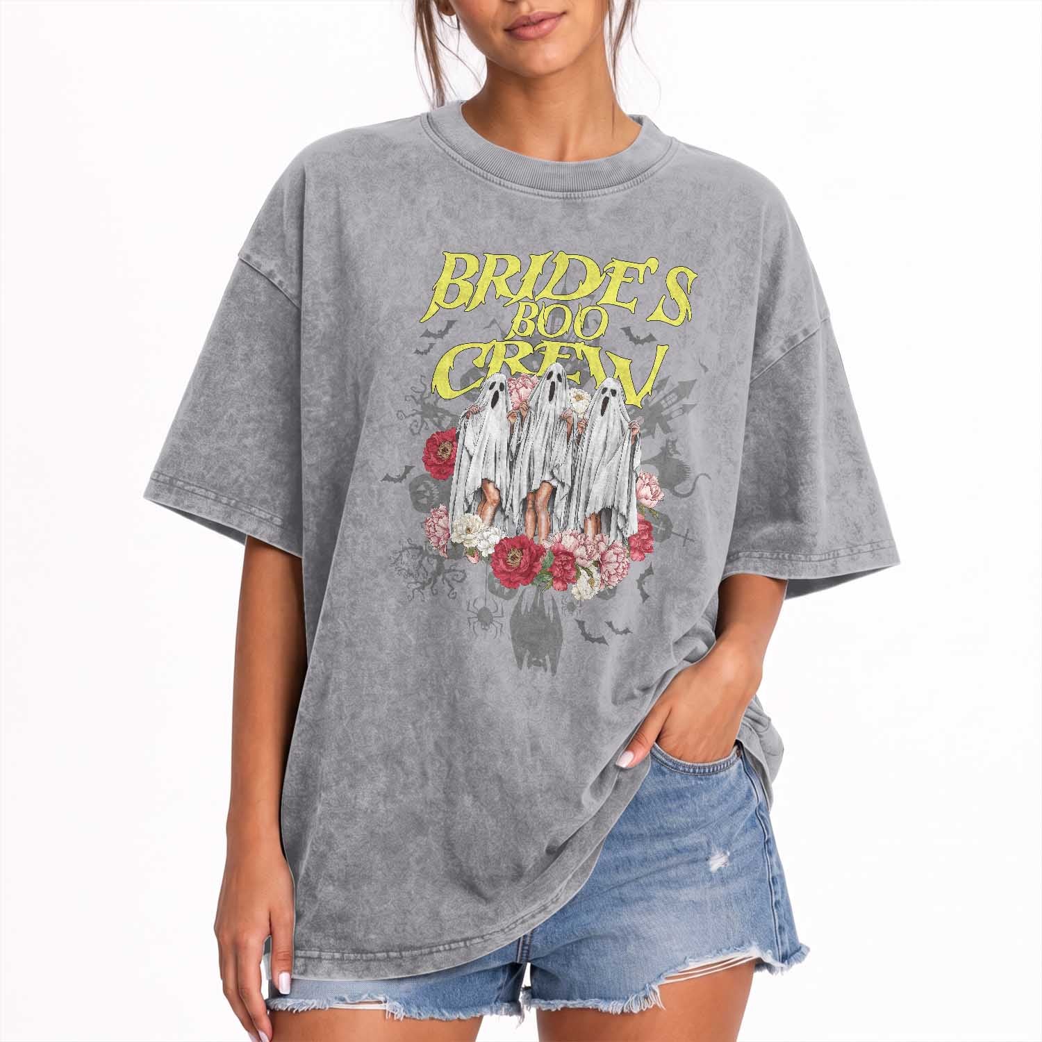 Halloween Bachelorette Party Washed Cotton T-Shirt Bride's Boo Crew Ghost Vintage Flower