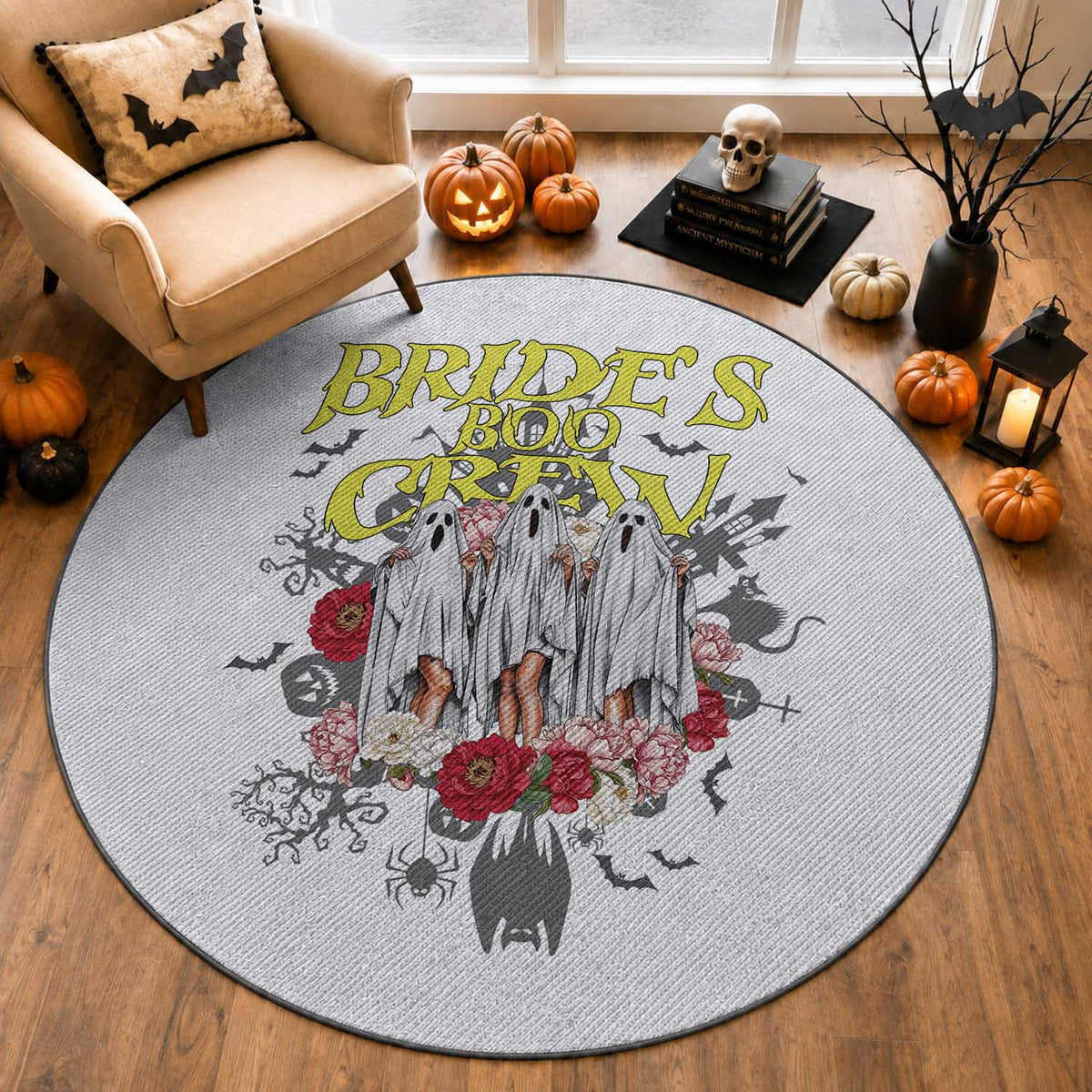Halloween Bachelorette Party Round Rug Bride's Boo Crew Ghost Vintage Flower