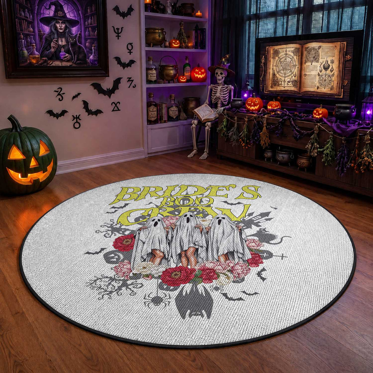 Halloween Bachelorette Party Round Rug Bride's Boo Crew Ghost Vintage Flower