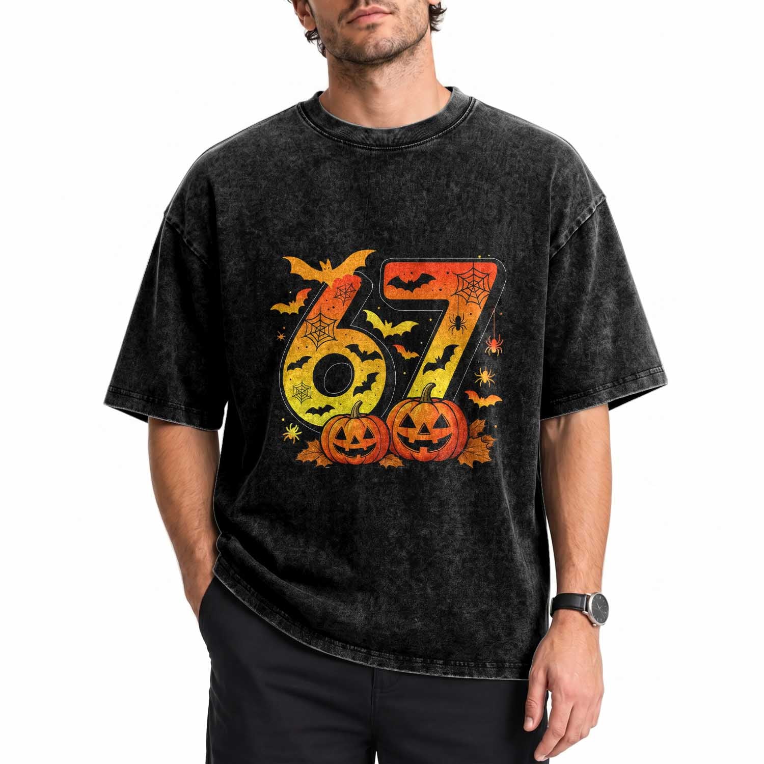 Funny 67 Halloween Washed Cotton T-Shirt Spooky Six Seven Meme Gen Alpha Slang