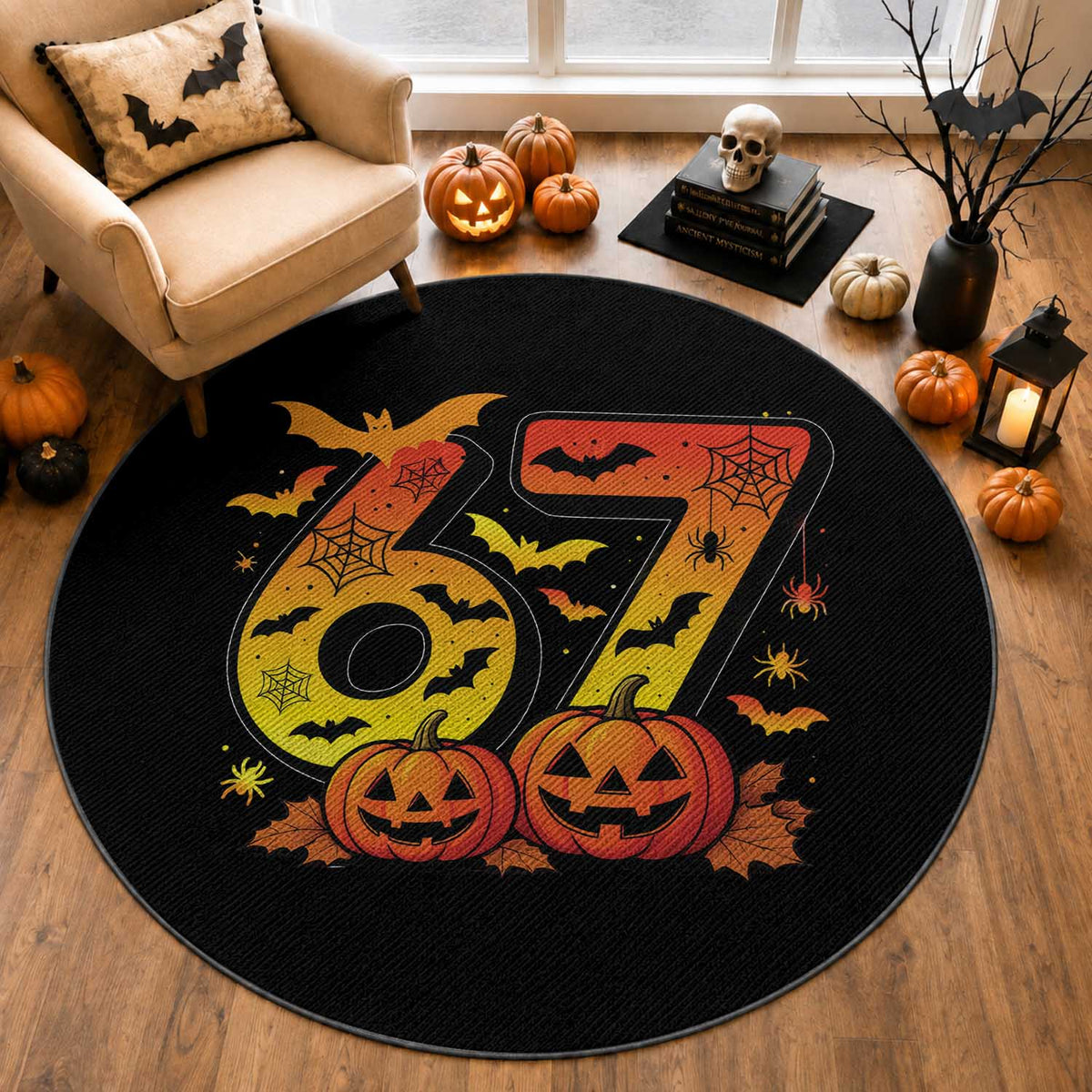 Funny 67 Halloween Round Rug Spooky Six Seven Meme Gen Alpha Slang