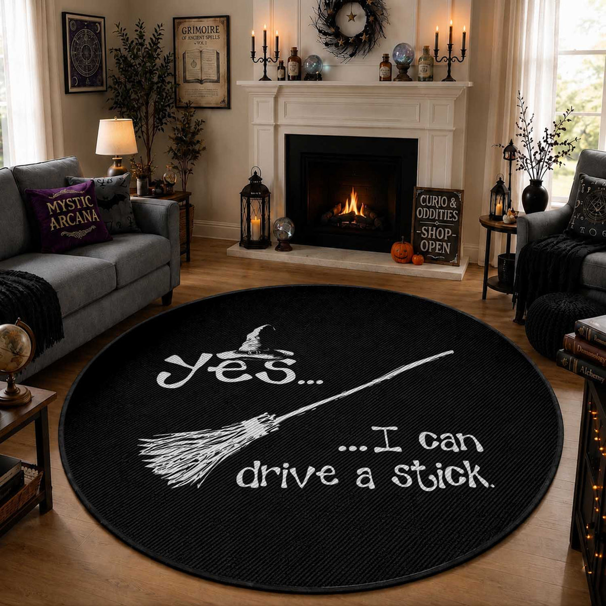 Funny Halloween Spooky Witch Round Rug Yes I Can Drive A Stick