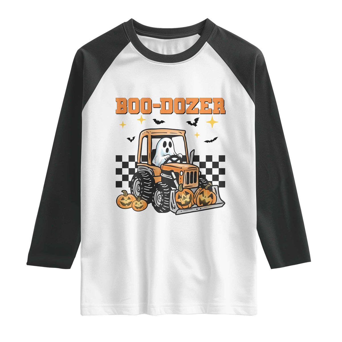 Funny Bulldozer Halloween Construction Raglan Shirt Boo Dozer Truck Pumpkin
