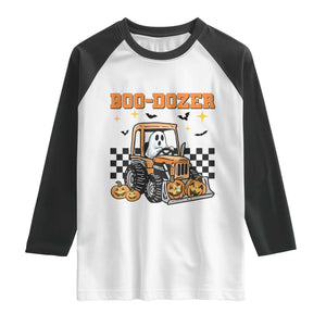 Funny Bulldozer Halloween Construction Raglan Shirt Boo Dozer Truck Pumpkin