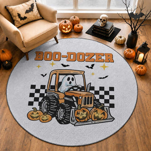 Funny Bulldozer Halloween Construction Round Rug Boo Dozer Truck Pumpkin