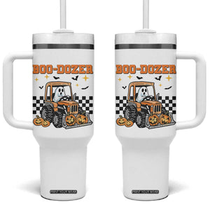 Funny Bulldozer Halloween Construction Tumbler With Handle Boo Dozer Truck Pumpkin