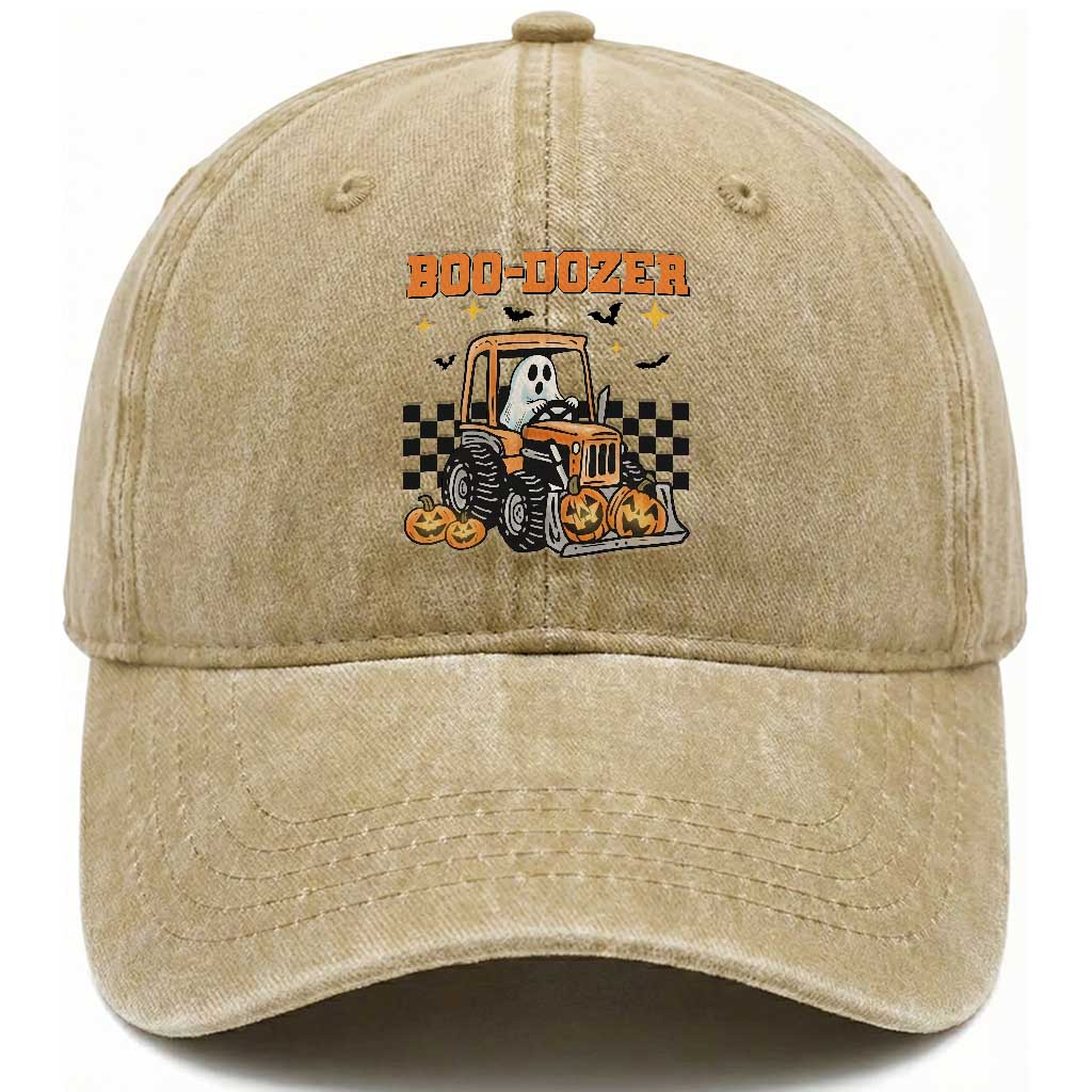 Funny Bulldozer Halloween Construction Washed Cotton Baseball Cap Boo Dozer Truck Pumpkin