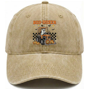 Funny Bulldozer Halloween Construction Washed Cotton Baseball Cap Boo Dozer Truck Pumpkin