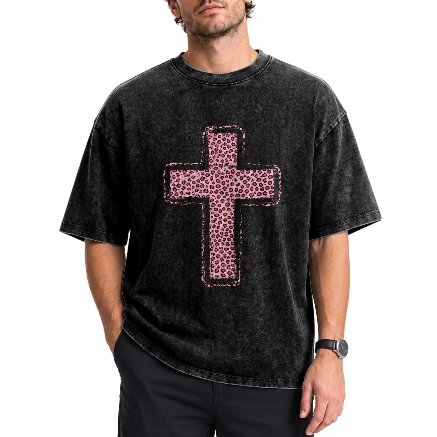 Brushstroke Jesus Cross Pink Leopard Christian Faith Washed Cotton T-Shirt
