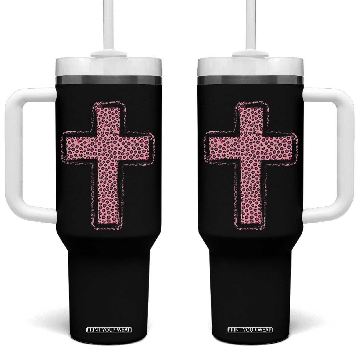 Brushstroke Jesus Cross Pink Leopard Christian Faith Tumbler With Handle