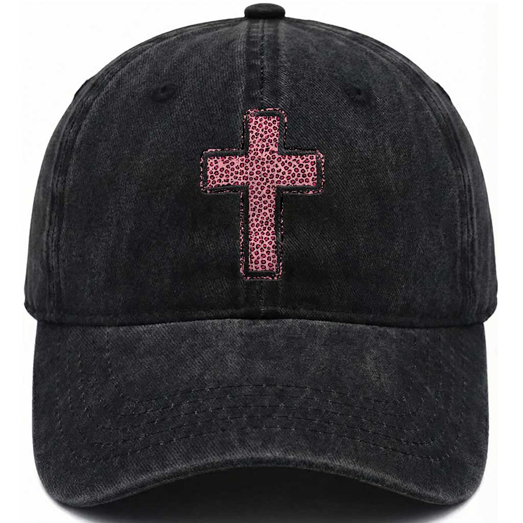 Brushstroke Jesus Cross Pink Leopard Christian Faith Washed Cotton Baseball Cap