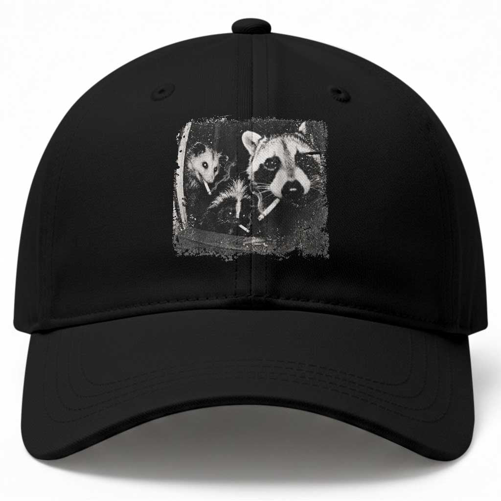 Funny Street Cats Smoking Raccoon Skunk Opossum Meme Baseball Cap Night Crew Trail Cam Humor