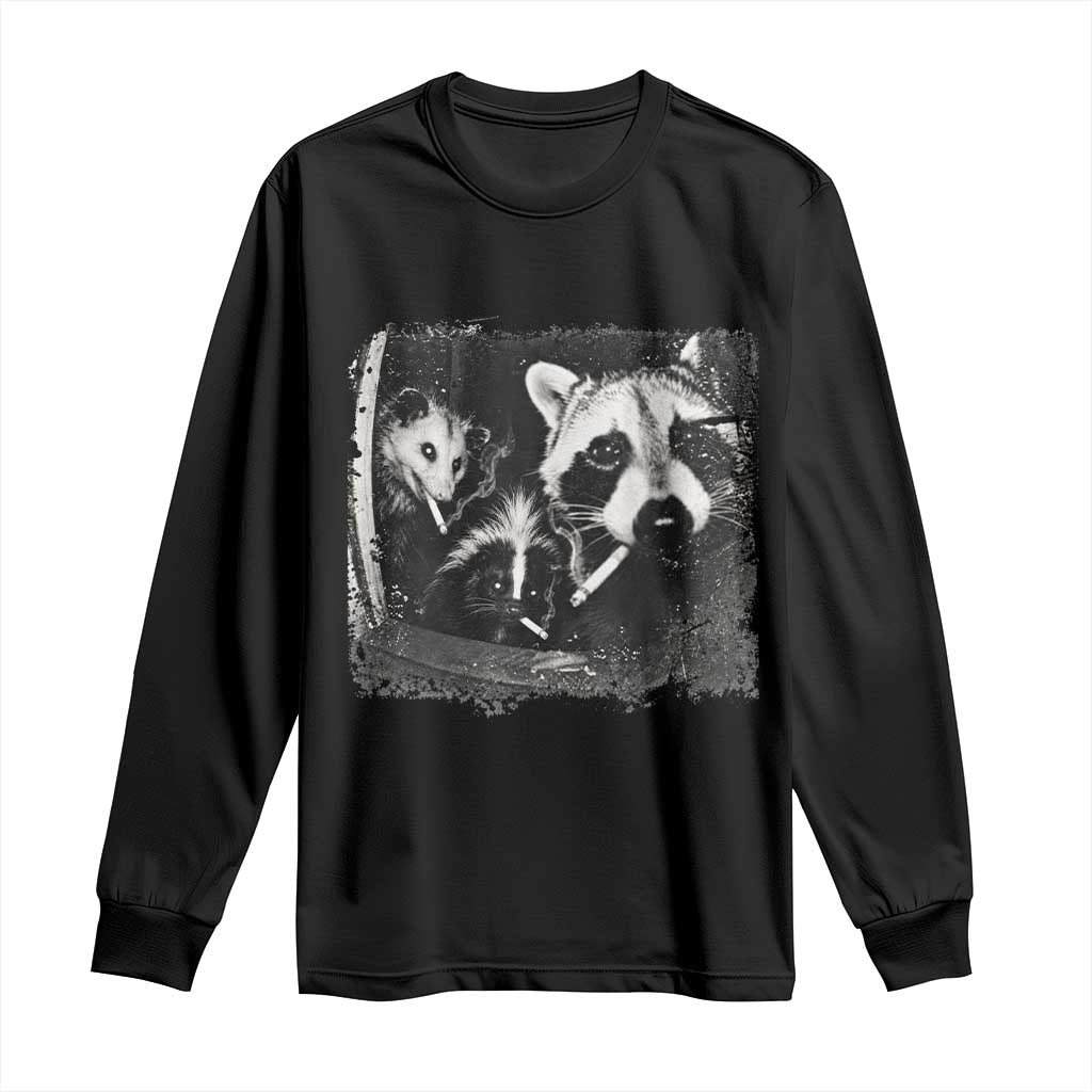 Funny Street Cats Smoking Raccoon Skunk Opossum Meme Long Sleeve Shirt Night Crew Trail Cam Humor