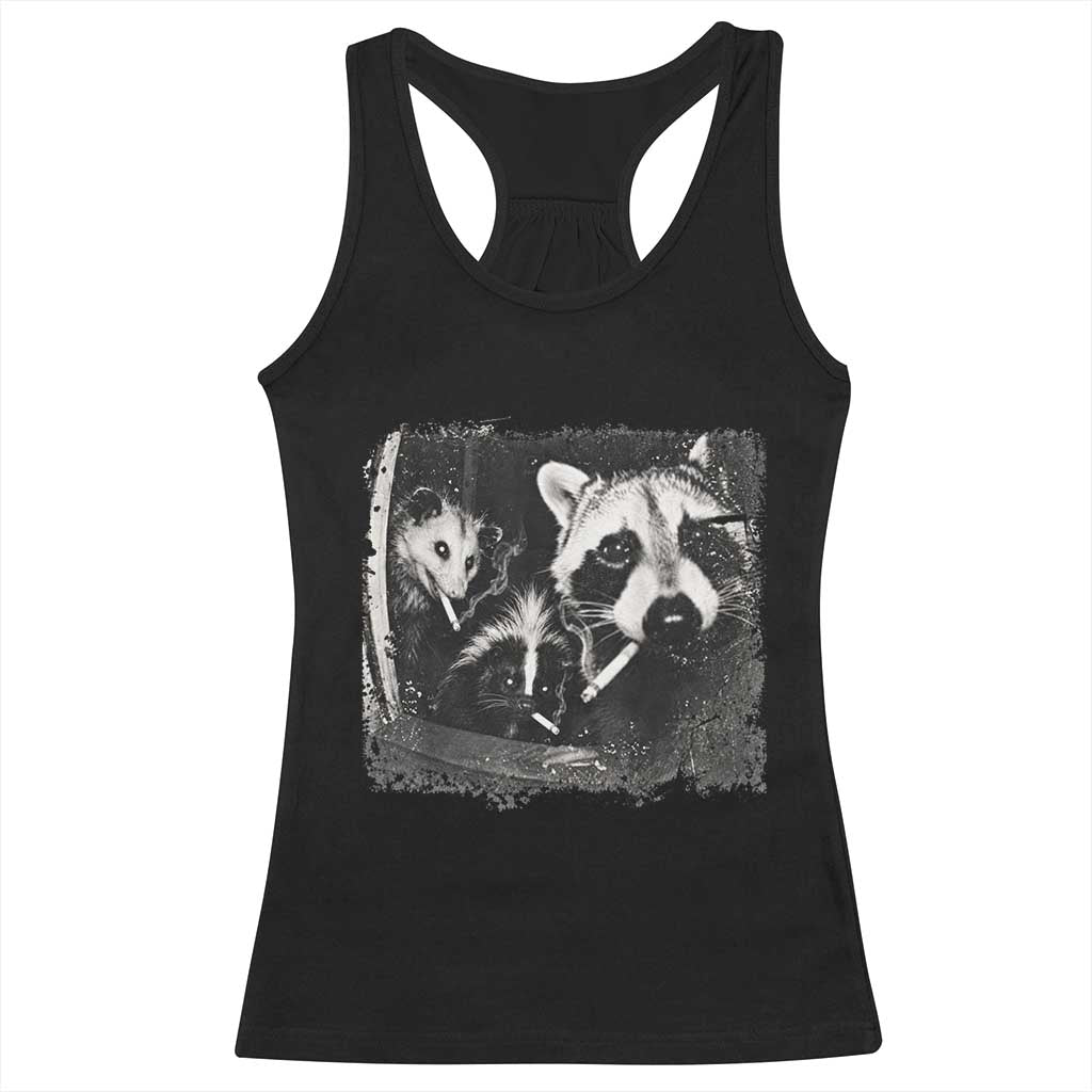 Funny Street Cats Smoking Raccoon Skunk Opossum Meme Racerback Tank Top Night Crew Trail Cam Humor