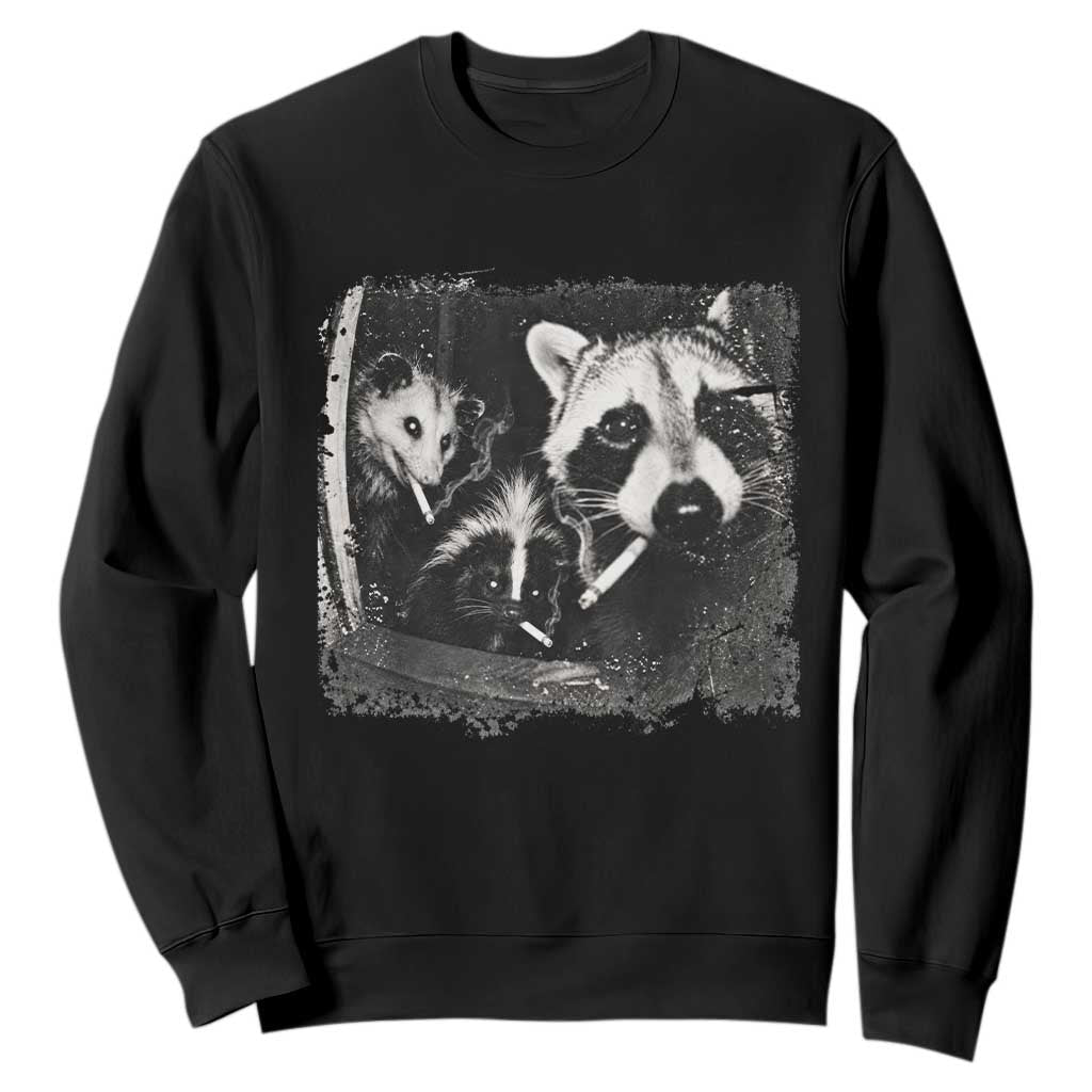 Funny Street Cats Smoking Raccoon Skunk Opossum Meme Sweatshirt Night Crew Trail Cam Humor