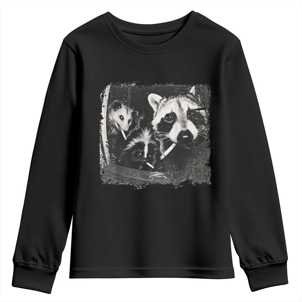 Funny Street Cats Smoking Raccoon Skunk Opossum Meme Youth Sweatshirt Night Crew Trail Cam Humor