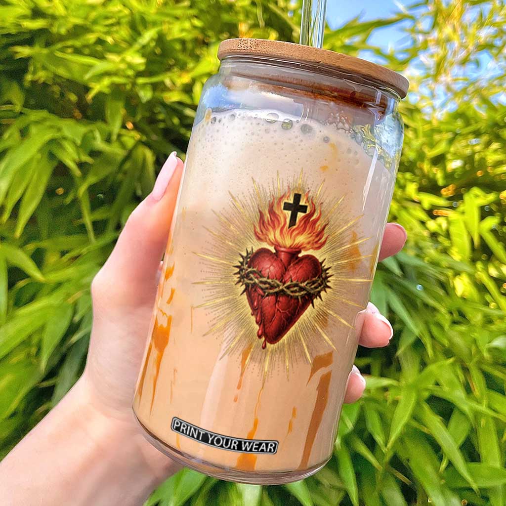 Sacred Heart of Jesus Glass Can Christian Catholic Vintage Heart Faith