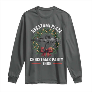 Funny Nakatomi Plaza Long Sleeve Shirt Christmas Party 1988 Xmas Bullet Gun Wreath TS11 Dark Heather Print Your Wear