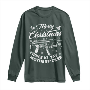 Funny Nakatomi Plaza Long Sleeve Shirt Merry Christmas And Yippee Ki Yay Snowflake Gun TS11 Dark Forest Green Print Your Wear