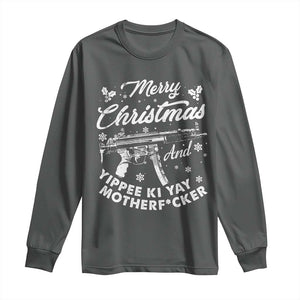 Funny Nakatomi Plaza Long Sleeve Shirt Merry Christmas And Yippee Ki Yay Snowflake Gun TS11 Dark Heather Print Your Wear