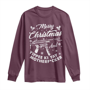 Funny Nakatomi Plaza Long Sleeve Shirt Merry Christmas And Yippee Ki Yay Snowflake Gun TS11 Maroon Print Your Wear