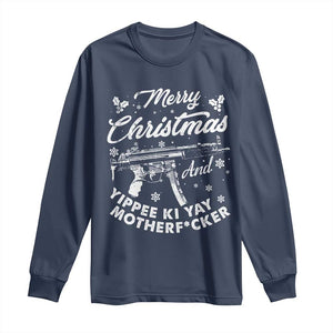 Funny Nakatomi Plaza Long Sleeve Shirt Merry Christmas And Yippee Ki Yay Snowflake Gun TS11 Navy Print Your Wear