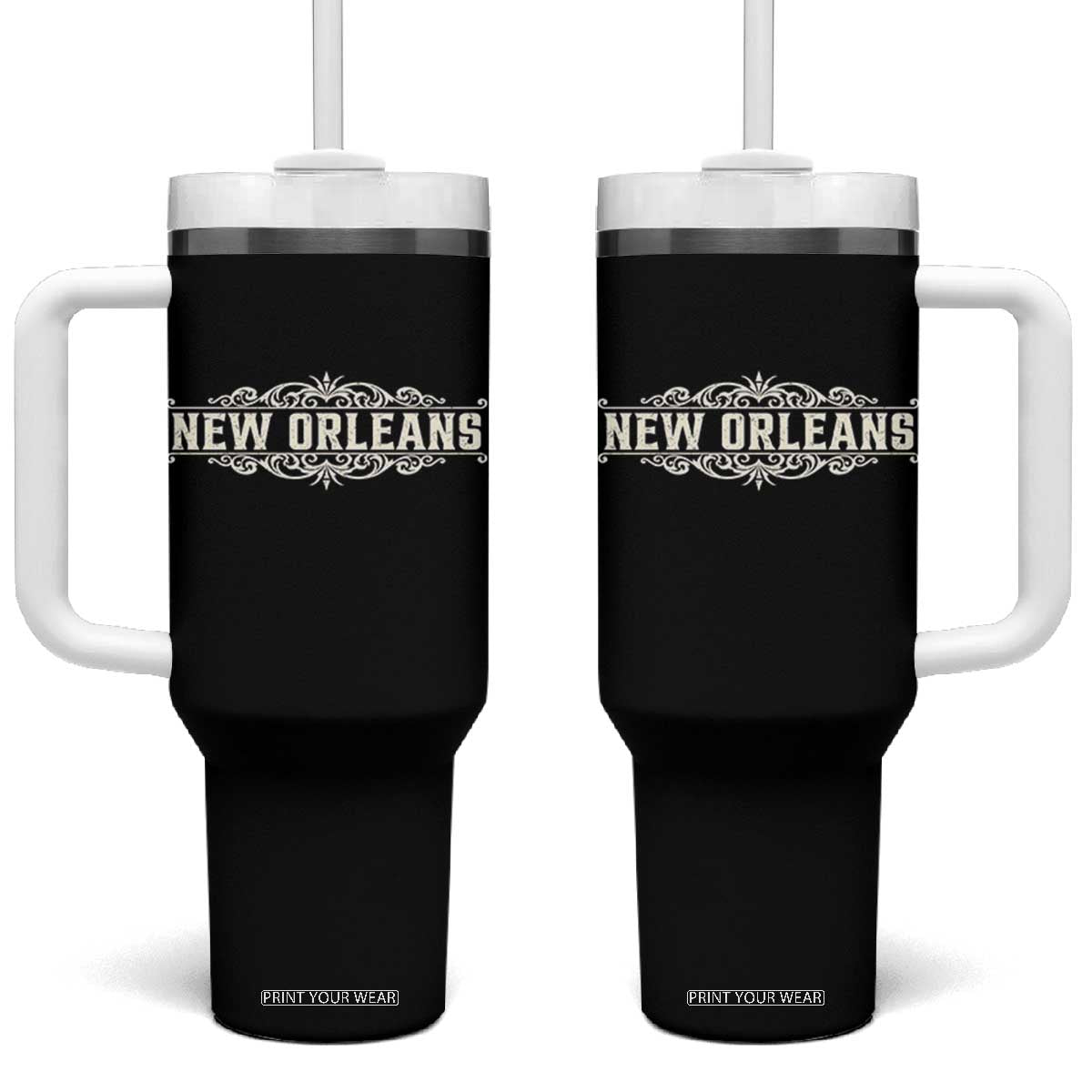 NOLA New Orleans Pride Vintage Scrollwork Tumbler With Handle TS11 One Size: 40 oz Black Print Your Wear
