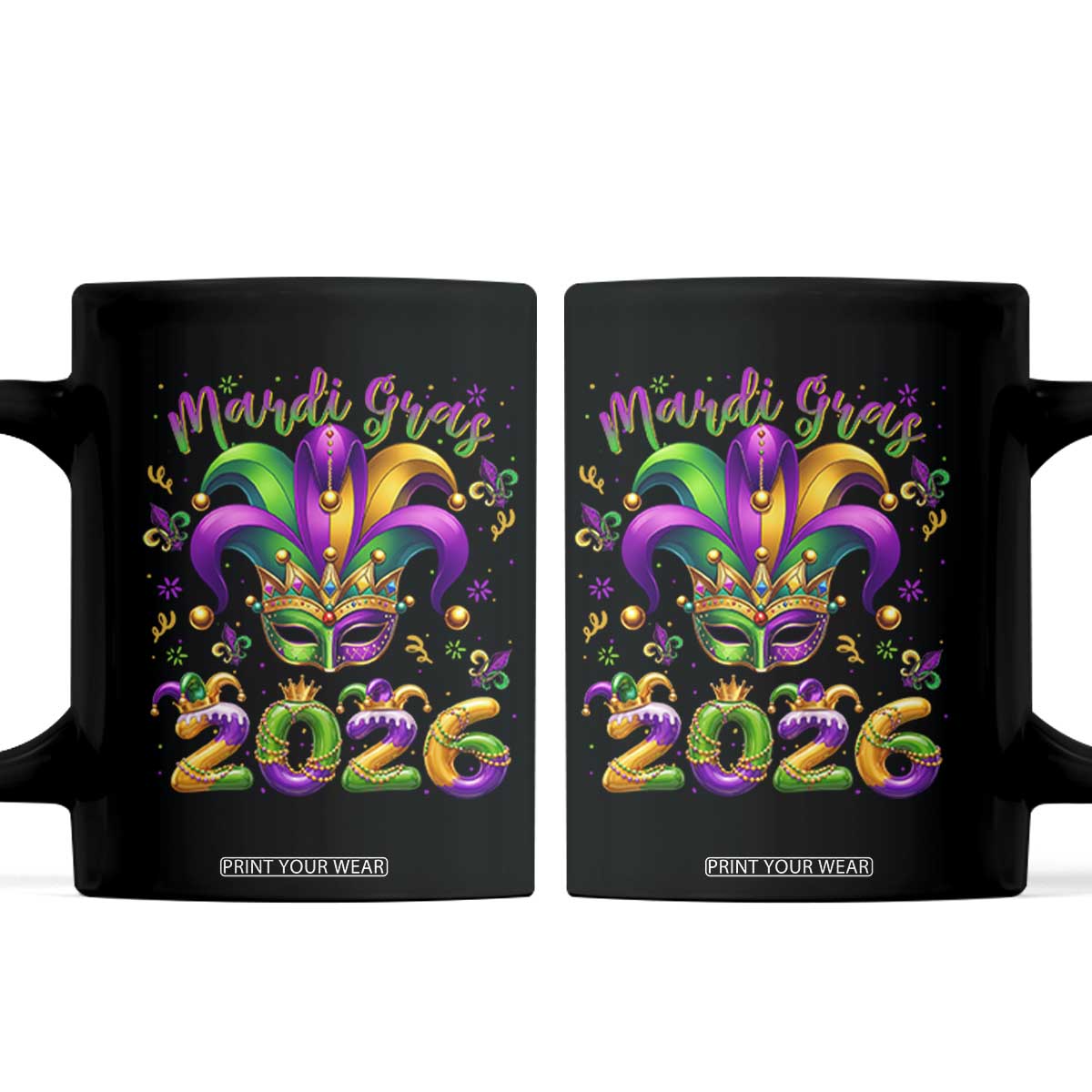 Mardi Gras 2026 Coffee Mug Funny Jester Hat Carnival Fleur De Lis TS11 Black Print Your Wear