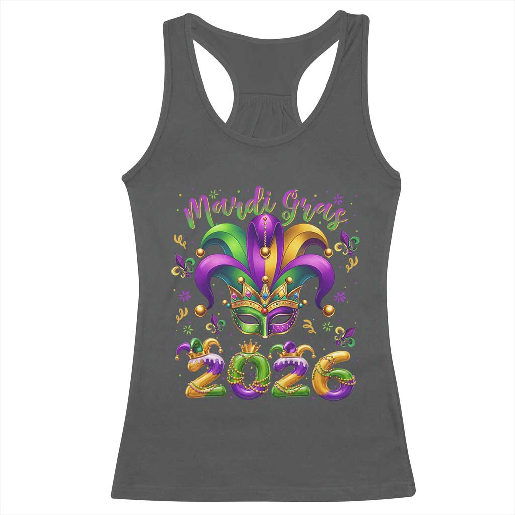 Mardi Gras 2026 Racerback Tank Top Funny Jester Hat Carnival Fleur De Lis TS11 Dark Heather Print Your Wear