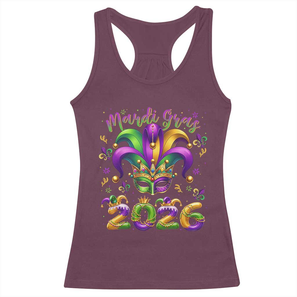 Mardi Gras 2026 Racerback Tank Top Funny Jester Hat Carnival Fleur De Lis TS11 Maroon Print Your Wear