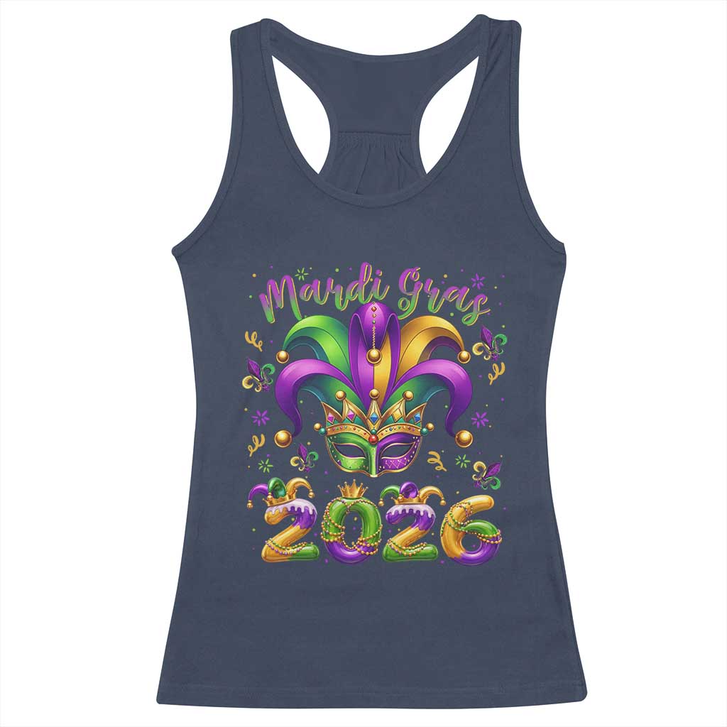 Mardi Gras 2026 Racerback Tank Top Funny Jester Hat Carnival Fleur De Lis TS11 Navy Print Your Wear