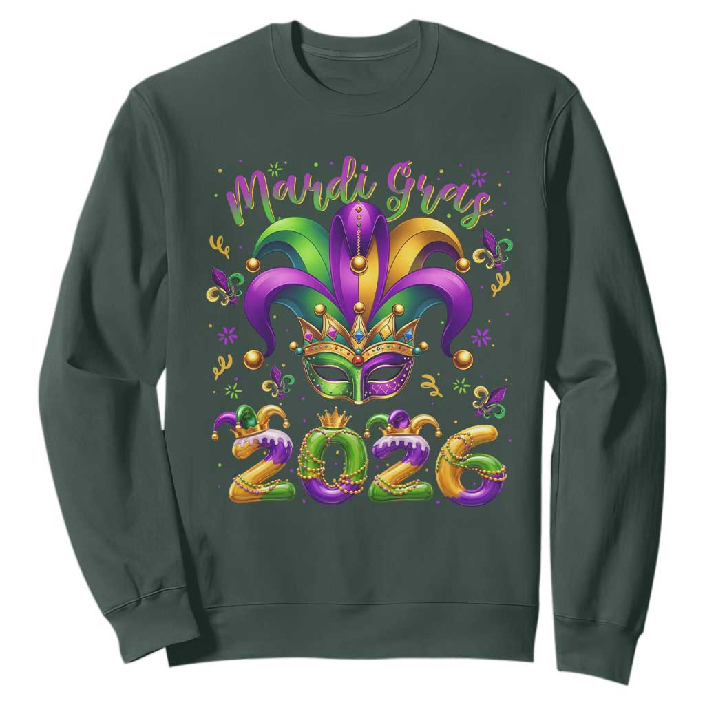 Mardi Gras 2026 Sweatshirt Funny Jester Hat Carnival Fleur De Lis TS11 Dark Forest Green Print Your Wear
