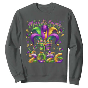 Mardi Gras 2026 Sweatshirt Funny Jester Hat Carnival Fleur De Lis TS11 Dark Heather Print Your Wear