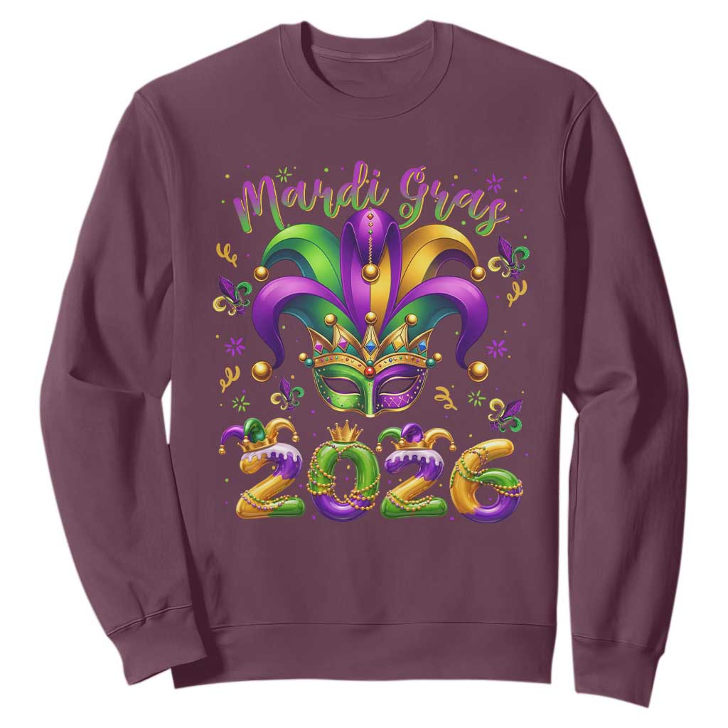 Mardi Gras 2026 Sweatshirt Funny Jester Hat Carnival Fleur De Lis TS11 Maroon Print Your Wear