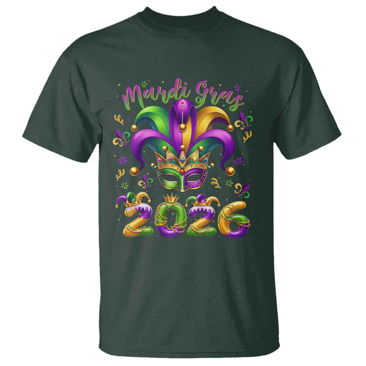 Mardi Gras 2026 T Shirt Funny Jester Hat Carnival Fleur De Lis TS11 Dark Forest Green Print Your Wear