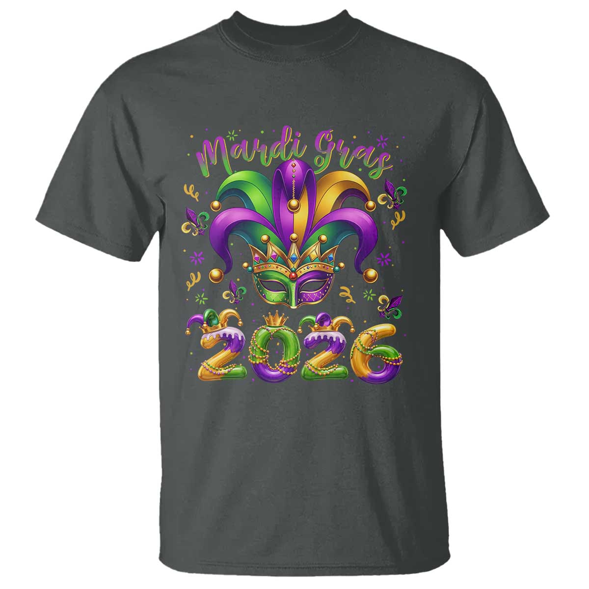 Mardi Gras 2026 T Shirt Funny Jester Hat Carnival Fleur De Lis TS11 Dark Heather Print Your Wear