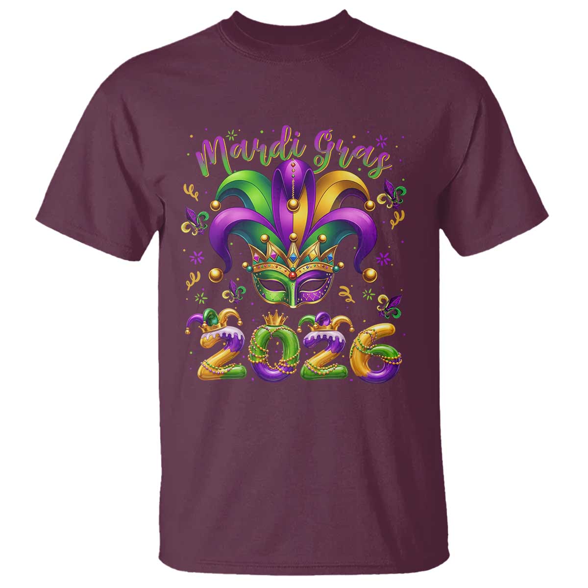 Mardi Gras 2026 T Shirt Funny Jester Hat Carnival Fleur De Lis TS11 Maroon Print Your Wear