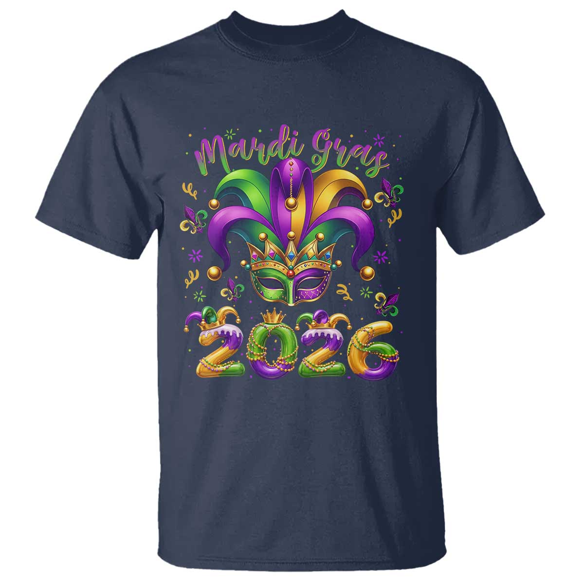 Mardi Gras 2026 T Shirt Funny Jester Hat Carnival Fleur De Lis TS11 Navy Print Your Wear