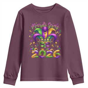 Mardi Gras 2026 Youth Sweatshirt Funny Jester Hat Carnival Fleur De Lis TS11 Maroon Print Your Wear