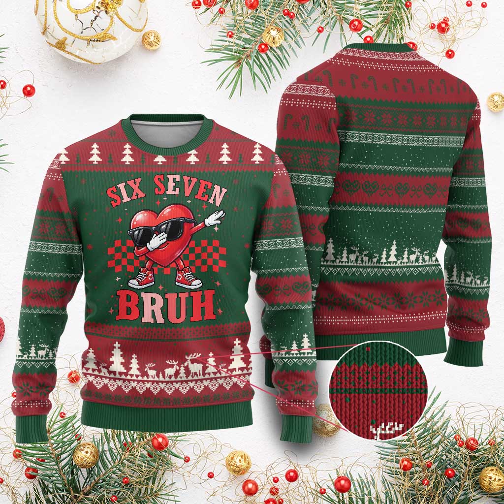 Funny Six Seven Bruh Valentines Day Ugly Christmas Sweater Six Seven Dabbing Heart TS11 Red Green Print Your Wear