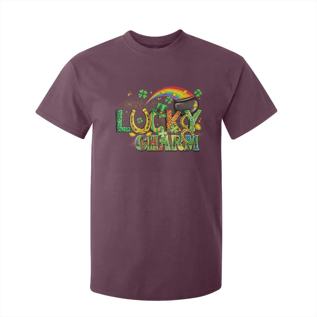 Funny St Patrick's Day Lucky Charm T Shirt For Kid Rainbow Gold Pot Clover TS11 Maroon Print Your Wear