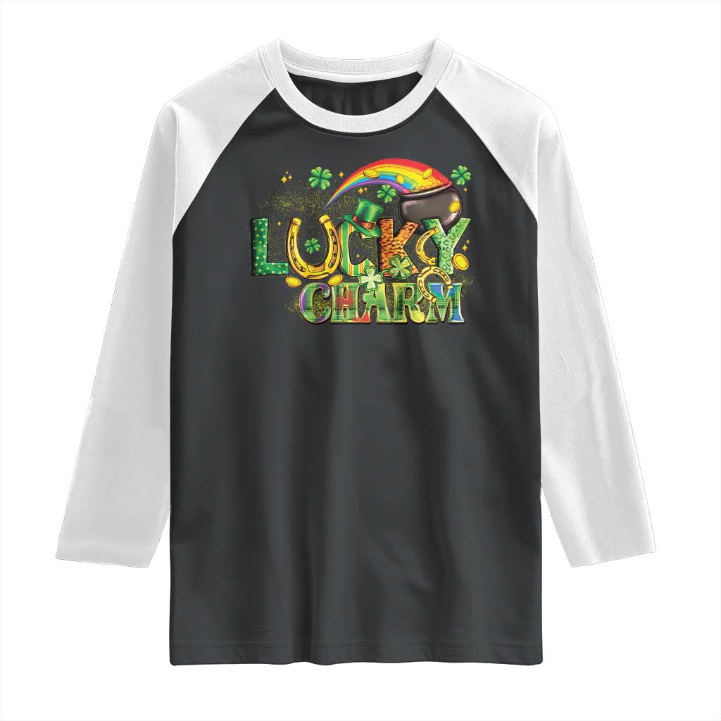 Funny St Patrick's Day Lucky Charm Raglan Shirt Rainbow Gold Pot Clover TS11 Black White Print Your Wear